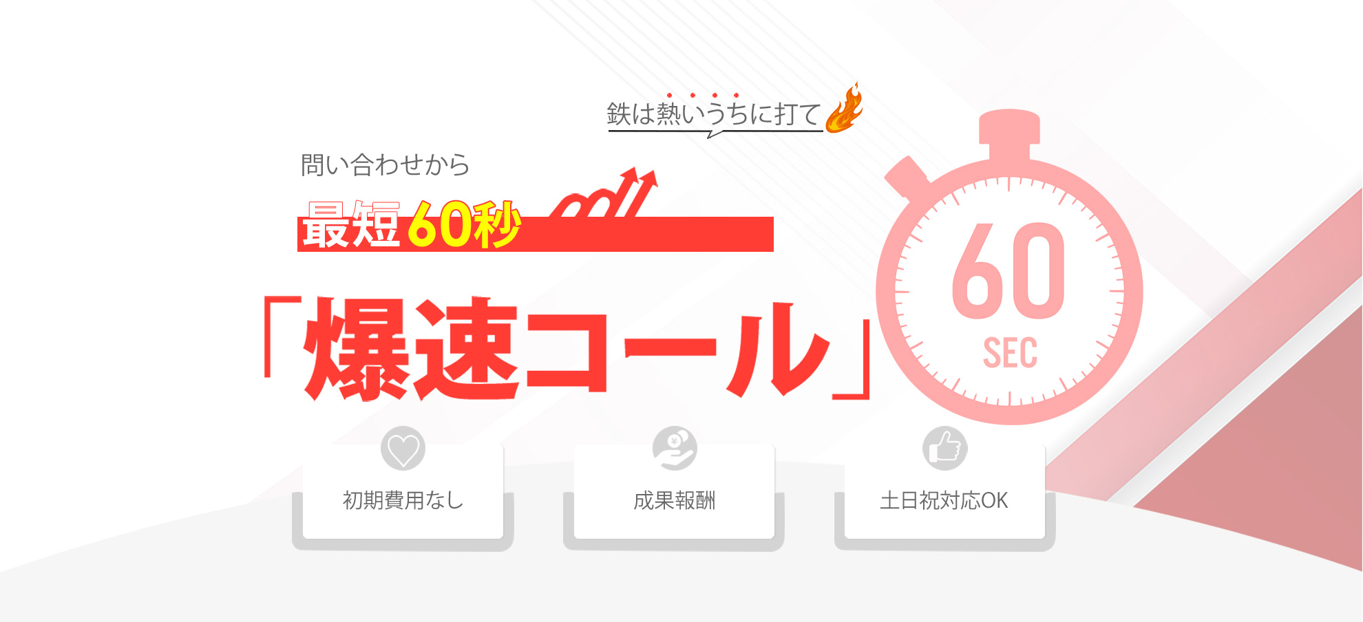 鉄は熱いうちに打て問い合わせから最短60秒以内にコールアタック「爆速コール」初期費用なし、成果報酬、土日祝対応OK