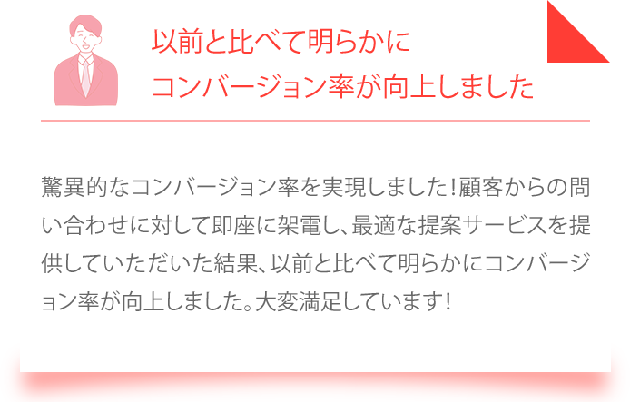 驚異的なコンバージョン率を実現しました！顧客からの問い合わせに対して即座に架電し、最適な提案サービスを提供していただいた結果、以前と比べて明らかにコンバージョン率が向上しました。大変満足しています！